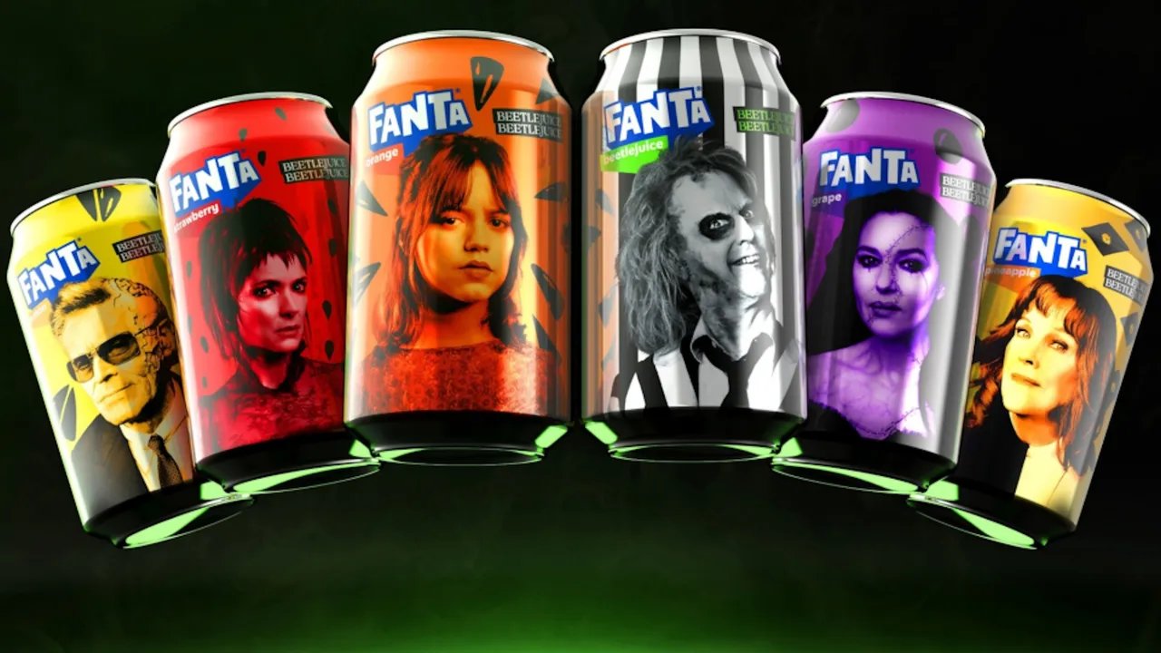 The 2024 Beetlejuice Beetlejuice Fanta lineup — six cans including the black-and-white striped Beetlejuice limited edition