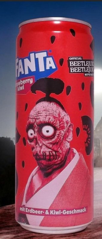 Fanta Strawberry Kiwi Beetlejuice can with Bob the Shrinker