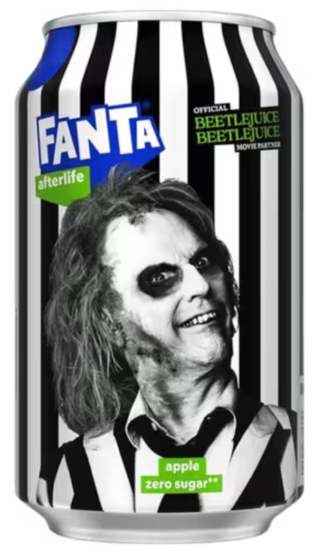 Fanta Afterlife Apple Zero Sugar can, black and white striped, with Michael Keaton as Betelgeuse