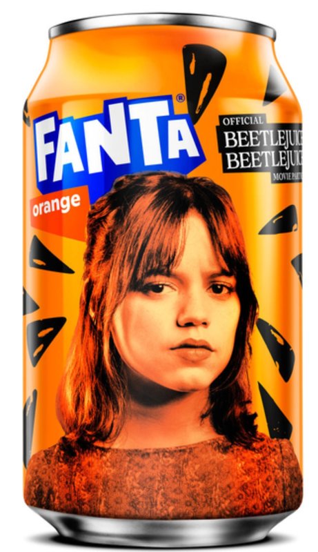 Fanta Orange Beetlejuice can with Jenna Ortega as Astrid Deetz