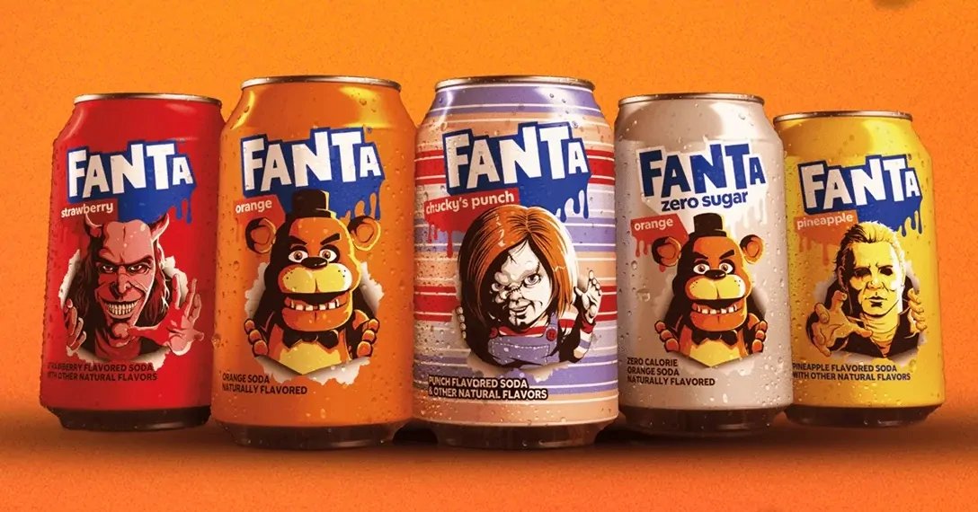 The 2025 Universal x Blumhouse Fanta set — The Grabber, Freddy Fazbear, Chucky, Freddy Fazbear Zero Sugar, and Michael Myers
