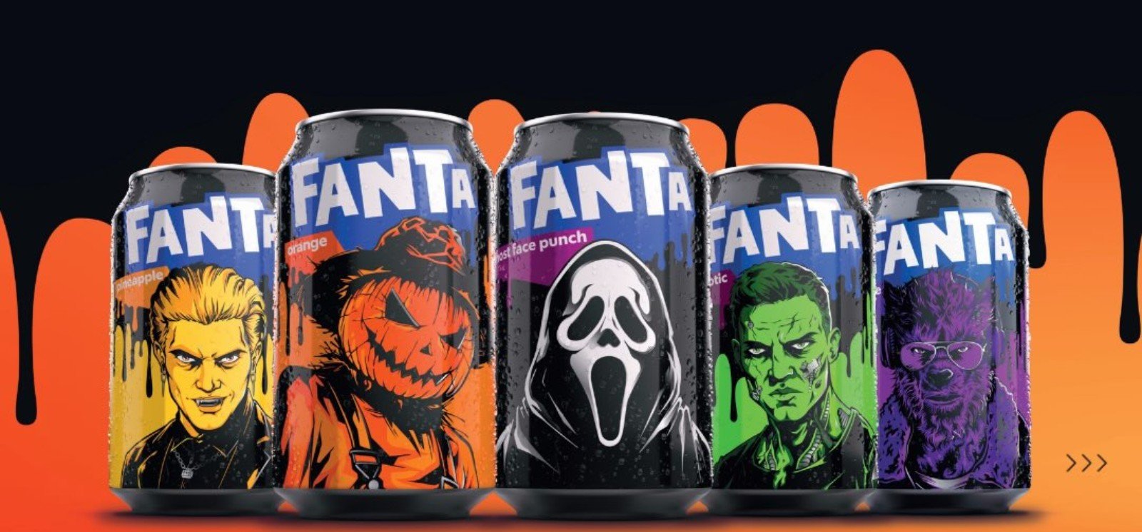 The 2026 Fanta Haunted Universe lineup — Drayk on Pineapple, Haystacks on Orange, Ghost Face Punch, Franx, and Howlie