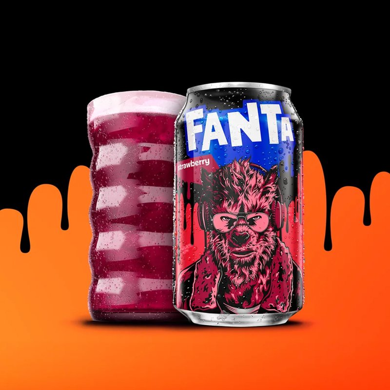 Fanta Strawberry can with Howlie the werewolf