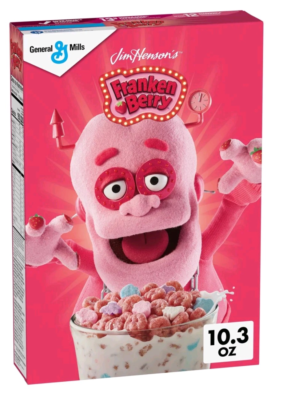 Franken Berry 2026 cereal box featuring the Jim Henson puppet