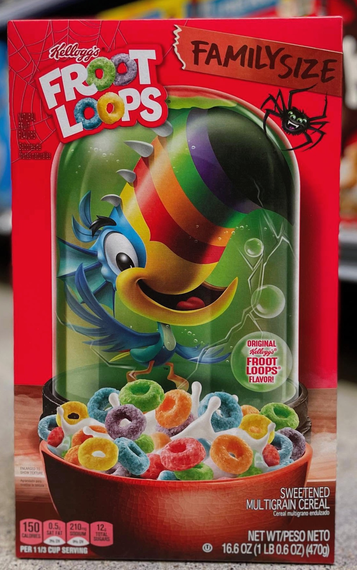 Froot Loops Halloween Family Size box featuring a spooky Toucan Sam